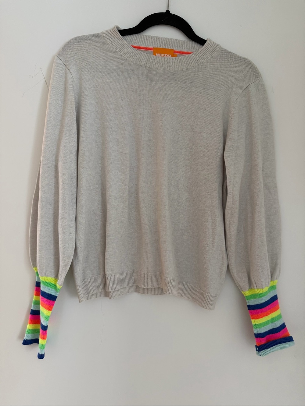 Wispr by Brodie  Light tan Crew Sweater with Neon Rainbow Stripe Cuffs Sz Large